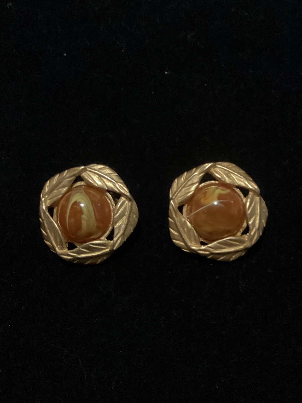 Gold-Tone Leaf Frame Earrings with Amber Center Cabochons